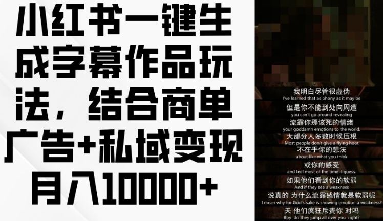 小红书一键生成字幕作品玩法，结合商单广告+私域变现月入1w+【揭秘】-庄子聊项目