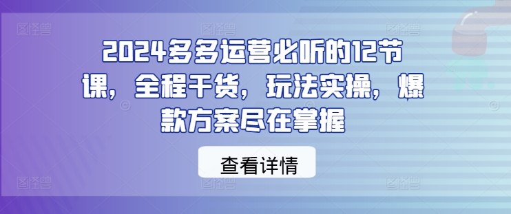 2024多多运营必听的12节课，全程干货，玩法实操，爆款方案尽在掌握-庄子聊项目