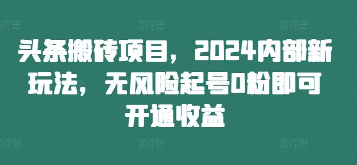 头条搬砖项目，2024内部新玩法，无风险起号0粉即可开通收益-庄子聊项目