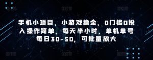 手机小项目，小游戏撸金，0门槛0投入操作简单，每天半小时，单机单号每日30-50，可批量放大-庄子聊项目