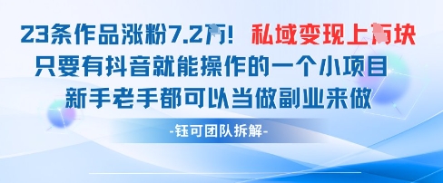 抖音私域项目23条作品涨粉7.2W，私域变现1W-庄子聊项目