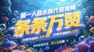 第一人称水族代言视频，条条万赞，20条作品涨粉7.8W，多种变现方式月入五位数-庄子聊项目