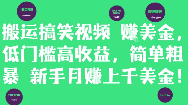 搬运搞笑视频挣美金，低门槛高收益，简单粗暴新手月入上千美刀-庄子聊项目