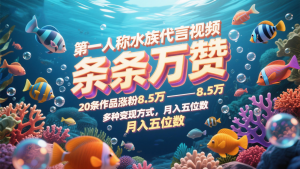 第一人称水族代言视频，条条万赞，20条作品涨粉8.5万，多种变现方式月，入五位数-庄子聊项目