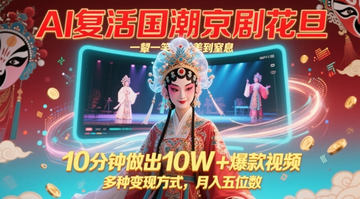 AI复活国潮京剧花旦，一颦一笑美到窒息，10分钟做出10W+爆款视频，多种变现方式，月入五位数-庄子聊项目