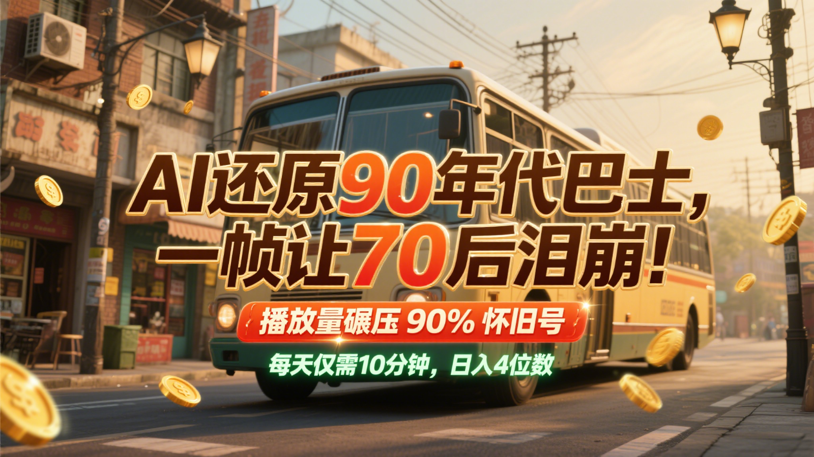 AI还原90年代巴士，一帧让70后泪崩！播放量碾压90%怀旧号，每天10分钟，日入4位数-庄子聊项目