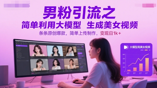 男粉引流之简单利用大模型生成美女视频，条条原创爆款，简单上传制作，变现日1k+-庄子聊项目