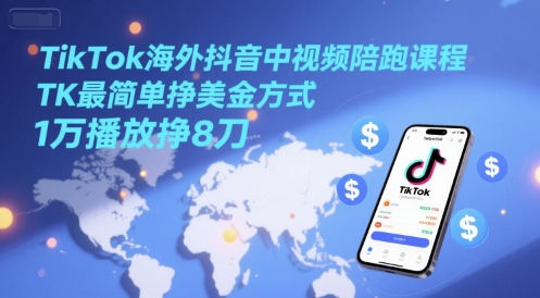 TikTok海外抖音中视频陪跑课程，TK最简单挣美金方式，1万播放挣8刀-庄子聊项目
