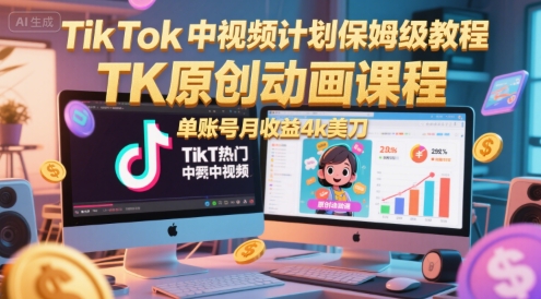 TikTok中视频计划保姆级教程，TK原创动画课程，单账号月收益4k美刀-庄子聊项目