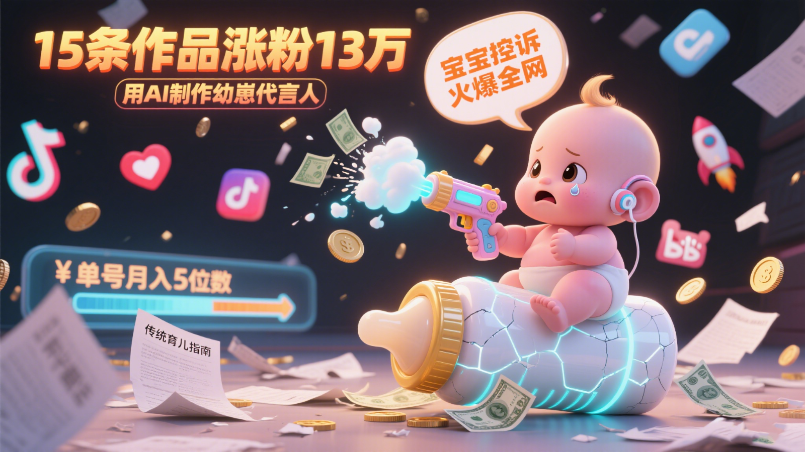 用AI制作幼崽代言人，宝宝的控诉火爆全网，15条作品涨粉13万，单号月入5位数实操教程-庄子聊项目