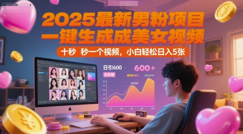 2025最新男粉项目，一键生成美女视频，日引600+色粉 十秒一个视频，小白轻松日入5张【揭秘】-庄子聊项目