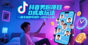 抖音男粉项目0成本玩法，一部手机即可操作，日均4张+，时间自由-庄子聊项目