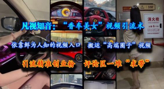 凡视知音：“香车美女”视频引流术，依靠鲜为人知的视频入口，搬运“高端圈子”视频，引流精准创业粉，评论区一堆“求带”-庄子聊项目