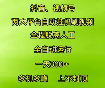 抖音视频号两大平台自动运行，全程脱离人工，自动获取收益，一天3张+，多机多挣，上不封顶【揭秘】-庄子聊项目