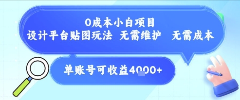 0成本小白项目，设计平台贴图玩法，无需维护，无需成本，单账号单月可产生收益4k+-庄子聊项目