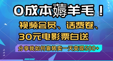 0成本薅羊毛!视频会员、话费卷、30元电影票白送，分享我如何靠转卖一天变现5张+【揭秘】-庄子聊项目