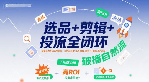 选品+剪辑+投流全闭环，破播自然流+撬动高ROI，手把手打通“选品-剪辑-测品-千川随心推”全链-庄子聊项目
