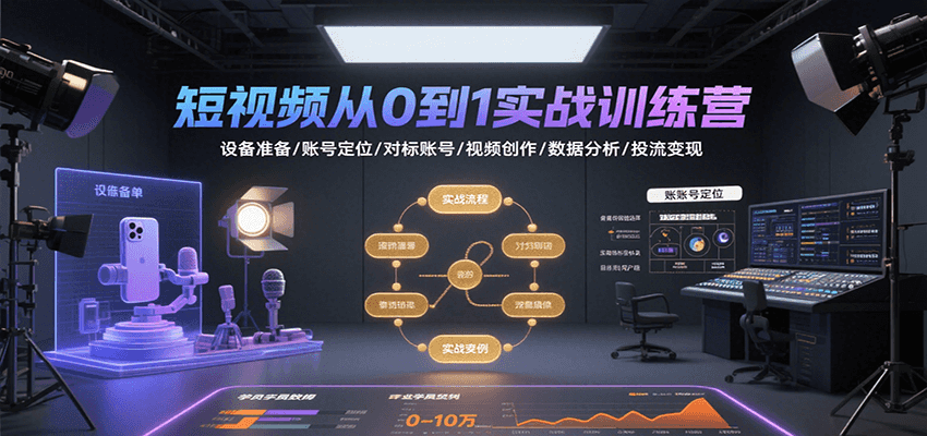 短视频从0到1实战训练营：设备准备/账号定位/对标账号/视频创作/数据分析/投流变现-庄子聊项目