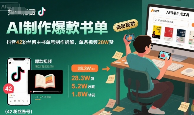 AI制作爆款书单，抖音42粉丝博主书单号制作拆解，单条视频28W赞-庄子聊项目