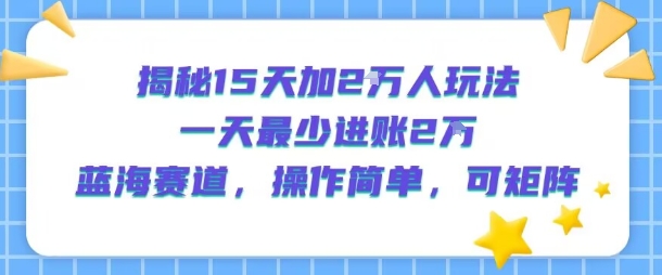 揭秘15天加2W人玩法，一天最少2万进账，蓝海赛道，操作简单，可矩阵-庄子聊项目