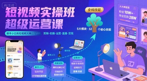 短视频实操班超级运营课，新手小白到短视频大神必修课程，剪辑-拍摄-运营-直播-变现-庄子聊项目