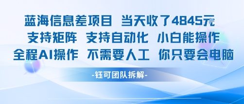 蓝海信息差项目当天收米1k+ 支持矩阵支持自动化小白能操作全程AI操作不需要人工你只要会电脑-庄子聊项目