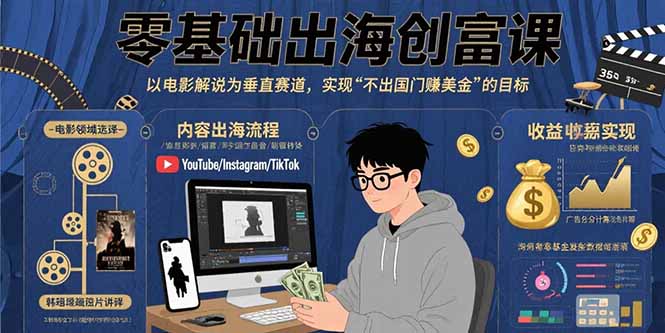 零基础出海创富课：以电影解说为垂直赛道，实现不出国门赚美金的目标-庄子聊项目