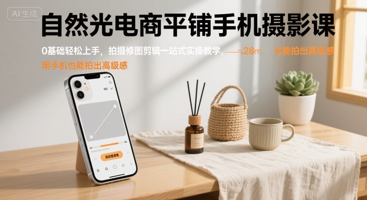 自然光电商平铺手机摄影课，0基础轻松上手，拍摄修图剪辑一站式实操教学，用手机也能拍出高级感-庄子聊项目