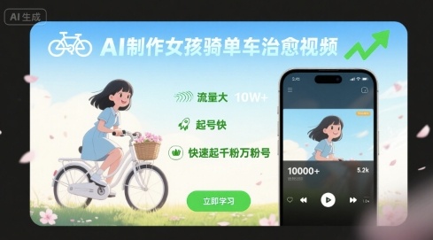 AI制作女孩骑单车治愈视频，流量大，起号快，快速起千粉万粉号-庄子聊项目