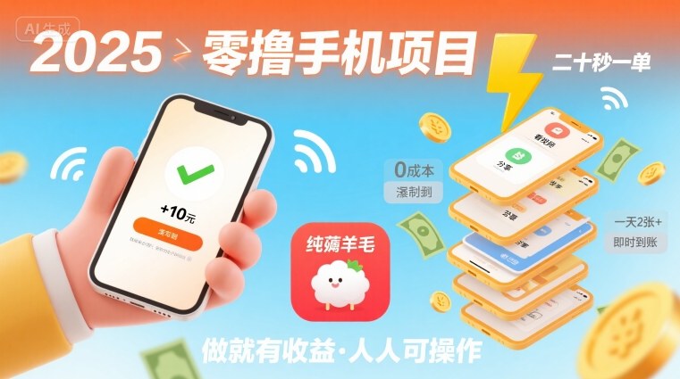 2025年零撸手机项目，二十秒一单，纯薅羊毛 一天2张+做就有-庄子聊项目