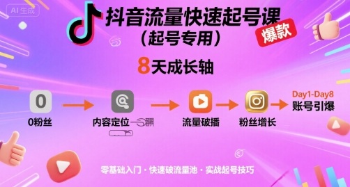 抖音流量快速起号课(起号专用)，8天带你做爆自己的账号-庄子聊项目
