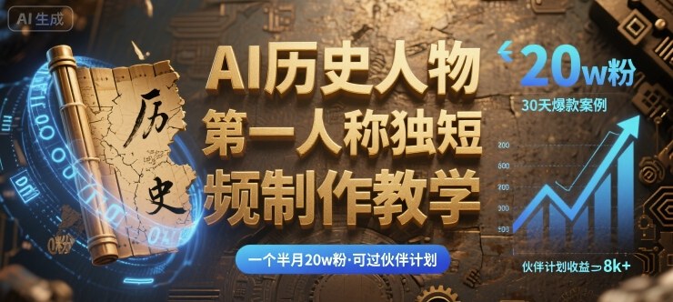 最新AI历史人物第一人称独白短视频制作教学，一个半月20w粉，可过伙伴计划-庄子聊项目