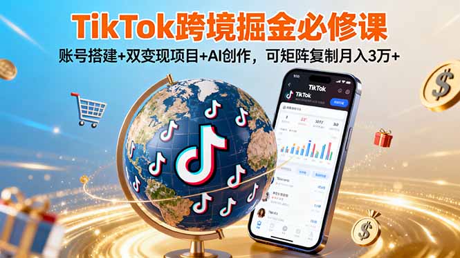 TikTo跨境掘金必修课，账号搭建+双变现项目+AI创作，可矩阵复制月入3万+-庄子聊项目