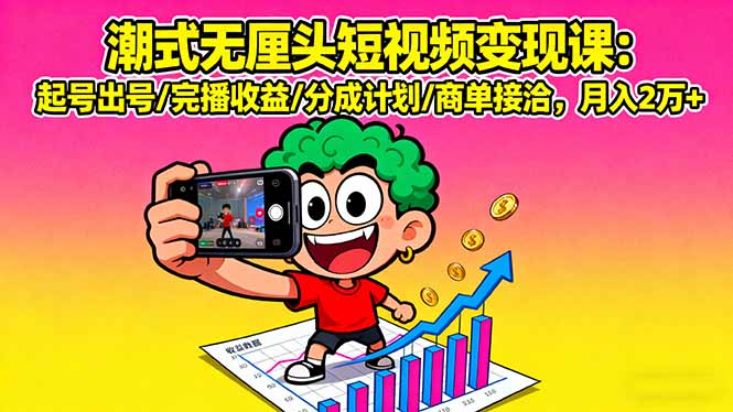 潮式无厘头短视频变现课：起号出号/完播收益/分成计划/商单接洽，月入2万+-庄子聊项目