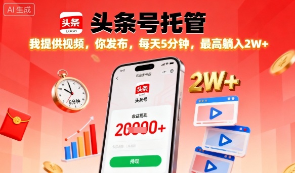 【头条号托管】我提供视频，你发布，每天5分钟，最高躺入2W+【揭秘】-庄子聊项目