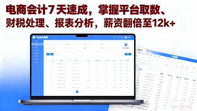 电商会计7天速成，掌握平台取数、财税处理、报表分析，薪资翻倍至12k+-庄子聊项目