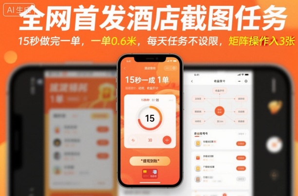 全网首发酒店截图任务，15秒做完一单，一单0.6米，每天任务不设限，矩阵操作日入3张【揭秘】-庄子聊项目