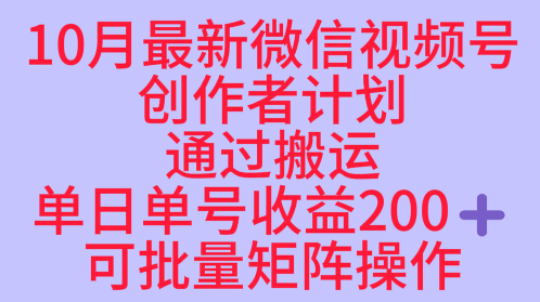 10月最新视频号收益最大化赛道长久稳定红利项目，单日单号收益2张+可批量矩阵操作-庄子聊项目