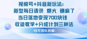 视频号加抖音新玩法:爆火新型每日语录,收徒教学加分成计划,三种变现玩法,当日变现7张-庄子聊项目