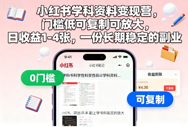 小红书学科资料变现营，门槛低可复制可放大，日收益1-4张，一份长期稳定的副业-庄子聊项目