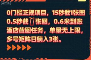 0门槛正规项目,15秒截1张图,0.6米到账,酒店截图任务,单量无上限,多号矩阵日躺入3张【揭秘】-庄子聊项目