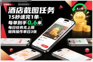 酒店截图任务，15秒速完1单，每单到手0.6米，每日任务无上限，全网首发玩法，矩阵操作单日3张【揭秘】-庄子聊项目