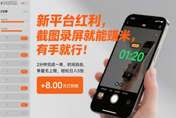 新平台红利，截图录屏就能賺米，有手就行！2分钟完成一单，时间自由，单量无上限，轻松日入5张【揭秘】-庄子聊项目