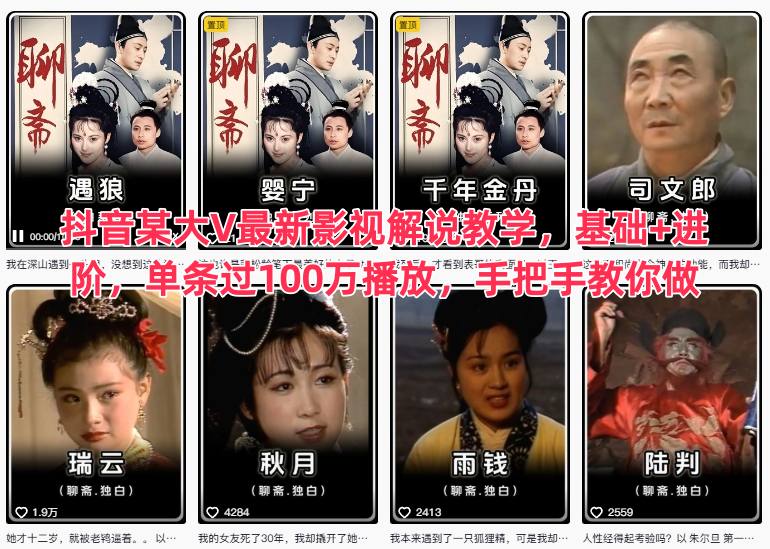 抖音某大V最新影视解说教学，基础+进阶，单条过100万播放，手把手教你做-庄子聊项目