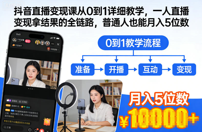 抖音直播变现课从0到1详细教学，一人直播变现拿结果的全链路，普通人也能月入5位数-庄子聊项目
