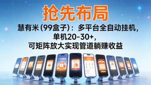 抢先布局慧有米(99盒子)：多平台全自动挂机，单机20-30+，可矩阵实现管道躺赚-庄子聊项目