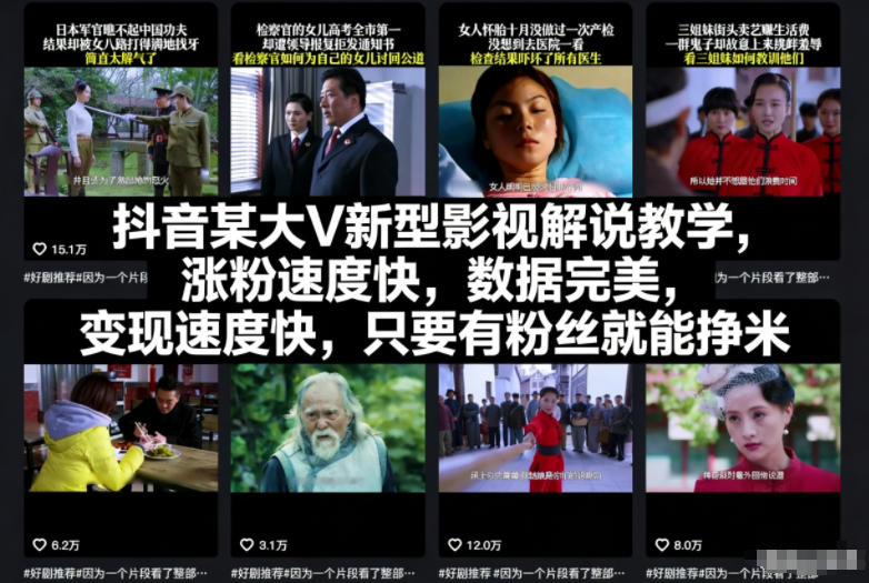 抖音某大V新型影视解说教学，涨粉速度快，数据完美，变现速度快，只要有粉丝就能挣米-庄子聊项目