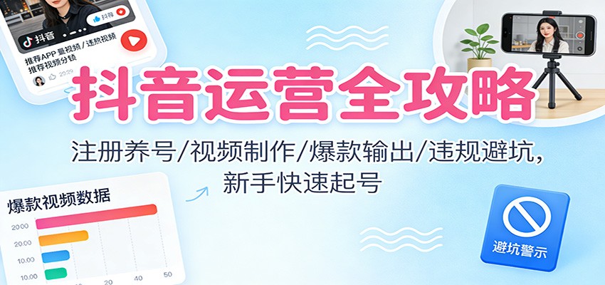 抖音运营全攻略：注册养号/视频制作/爆款输出/违规避坑，新手快速起号-庄子聊项目