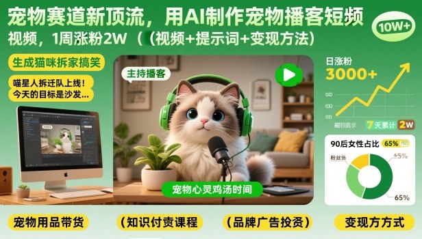 宠物赛道新顶流，用AI制作宠物播客短视频，1周涨粉2W(视频+提示词+变现方法)-庄子聊项目