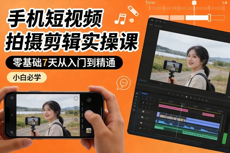 手机短视频拍摄剪辑实操课，零基础7天从入门到精通，小白必学-庄子聊项目